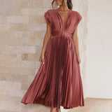Satin Pleated Flare Midi Dress with Cap Sleeves