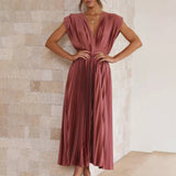 Satin Pleated Flare Midi Dress with Cap Sleeves