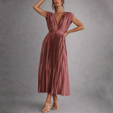 Pleated Midi Dress with V-Neck and Cap Sleeves