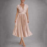 Pleated Midi Dress with V-Neck and Cap Sleeves