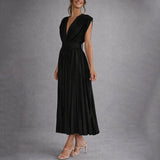 Pleated Midi Dress with V-Neck and Cap Sleeves
