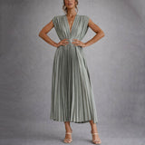 Pleated Midi Dress with V-Neck and Cap Sleeves