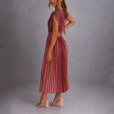 Pleated Midi Dress with V-Neck and Cap Sleeves