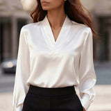 Satin V-Neck Blouse with Long Sleeves and Button Cuff