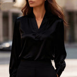 Satin V-Neck Blouse with Long Sleeves and Button Cuff