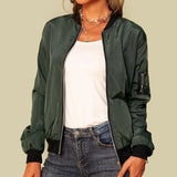 Zip Up Bomber Jacket with Ribbed Cuff and Sleeve Pocket