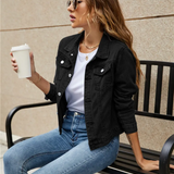 Women's Denim Jacket with Button Front and Flap Chest Pockets