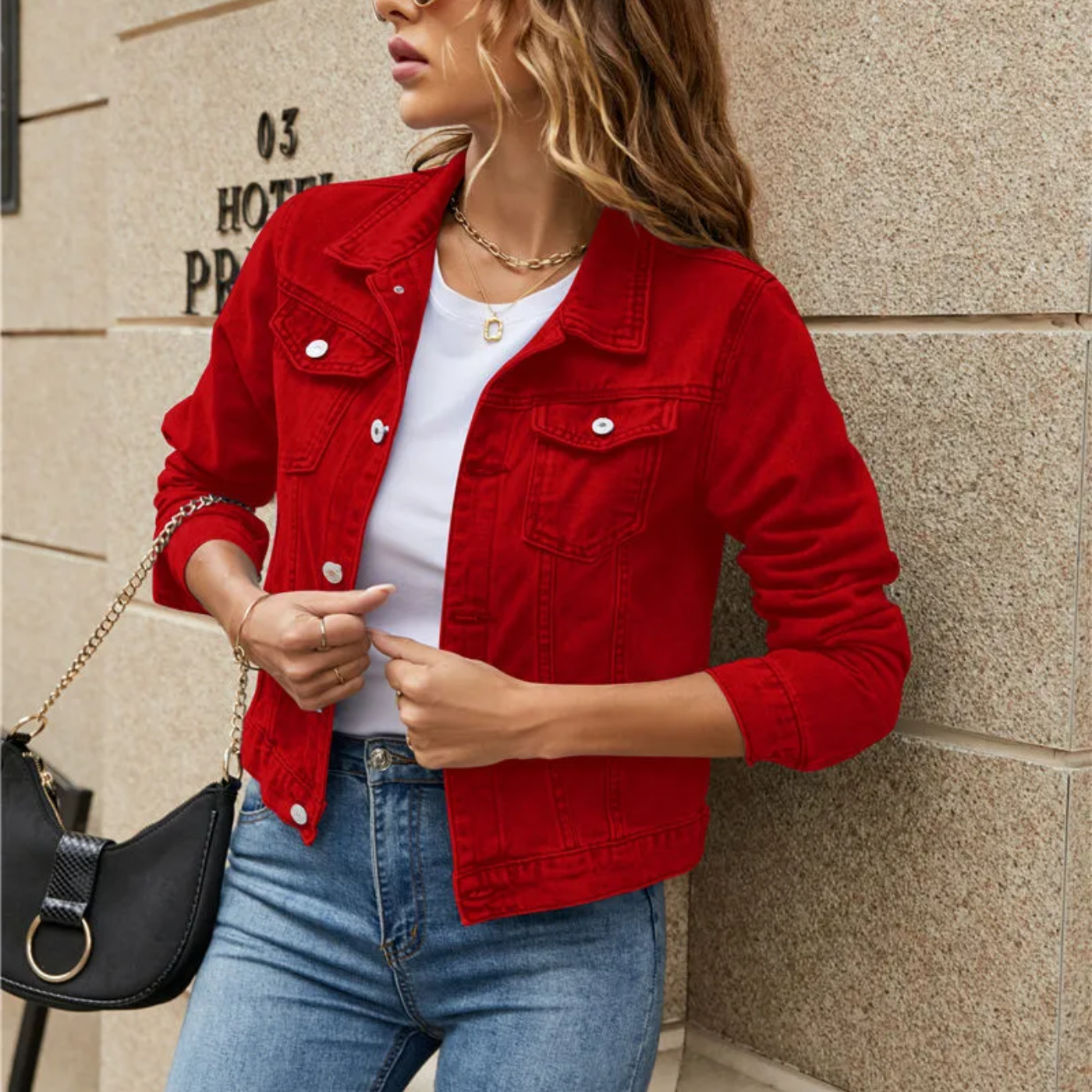 Women's Denim Jacket with Button Front and Flap Chest Pockets