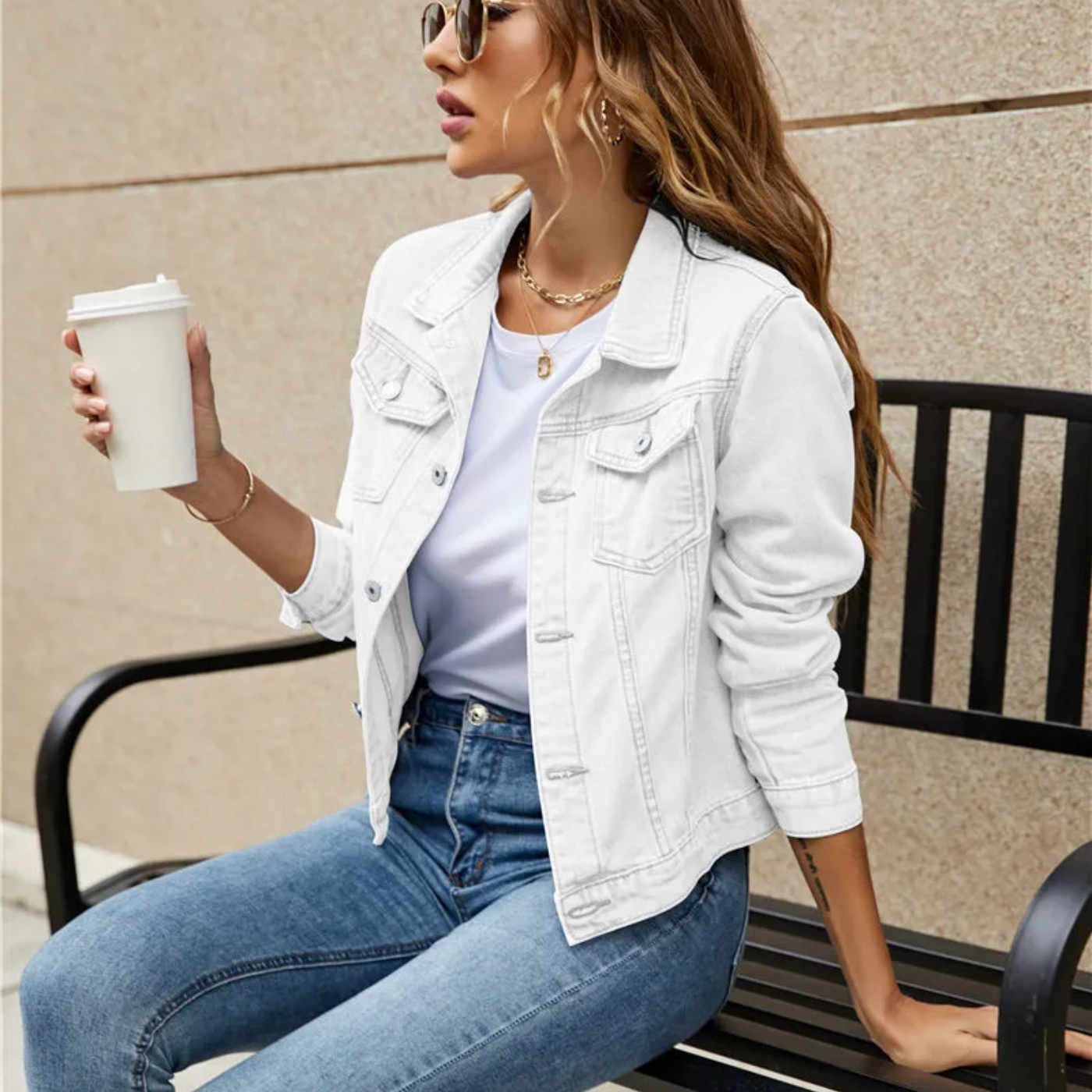 Women's Denim Jacket with Button Front and Flap Chest Pockets
