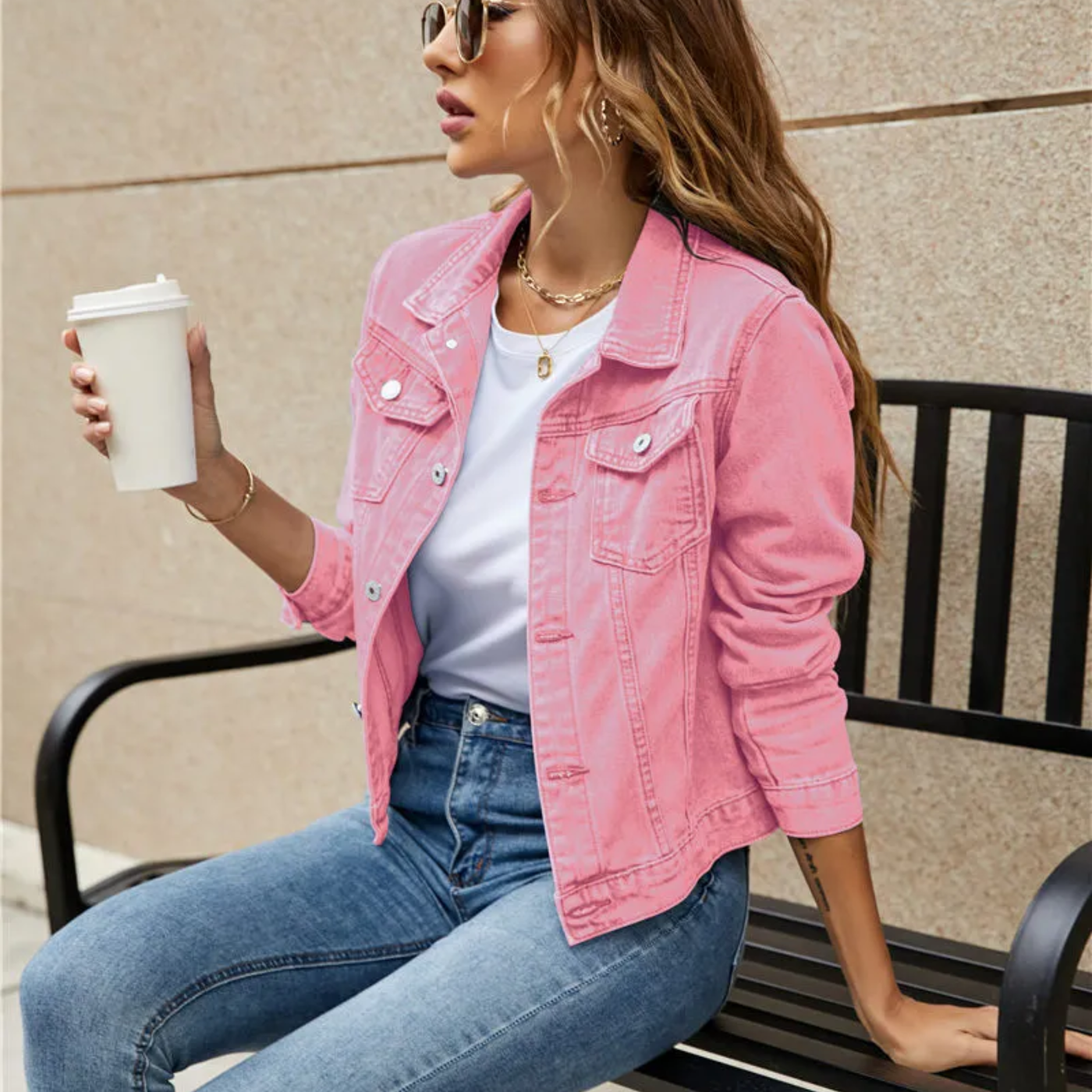 Women's Denim Jacket with Button Front and Flap Chest Pockets