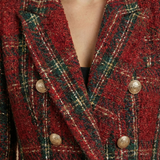 Women's Double Breasted Plaid Blazer with Textured Finish and Notched Lapels