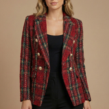 Women's Double Breasted Plaid Blazer with Textured Finish and Notched Lapels