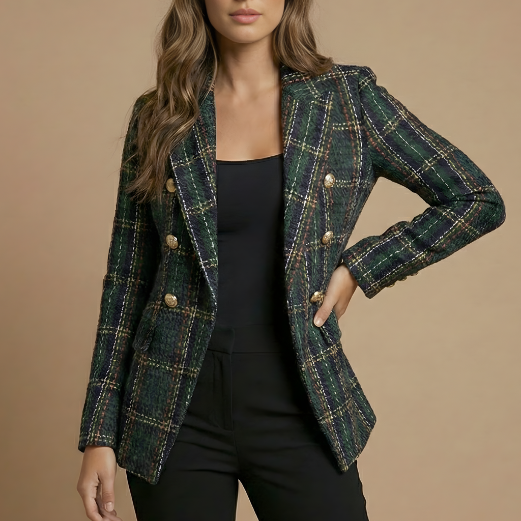Women's Double Breasted Plaid Blazer with Textured Finish and Notched Lapels