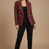 Women's Double Breasted Plaid Blazer with Textured Finish and Notched Lapels