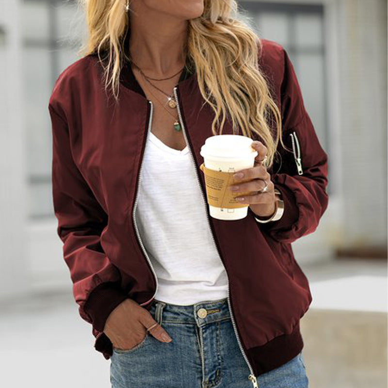 Women's Bomber Jacket with Front Zipper Ribbed Cuffs and Stand Collar