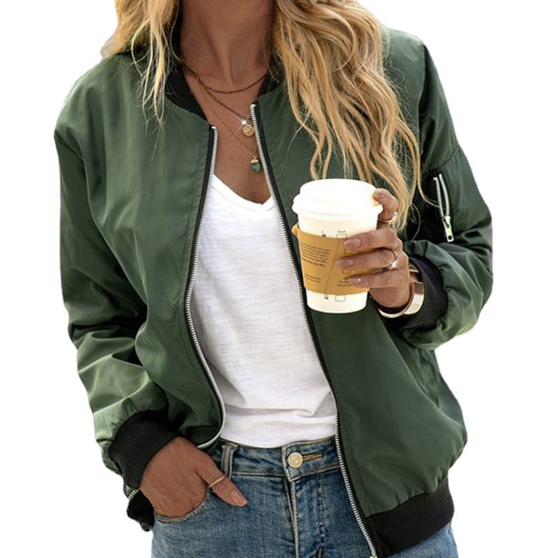 Women's Bomber Jacket with Front Zipper Ribbed Cuffs and Stand Collar