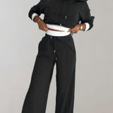 Cropped Hoodie and Wide-Leg Pants Set with Drawstring
