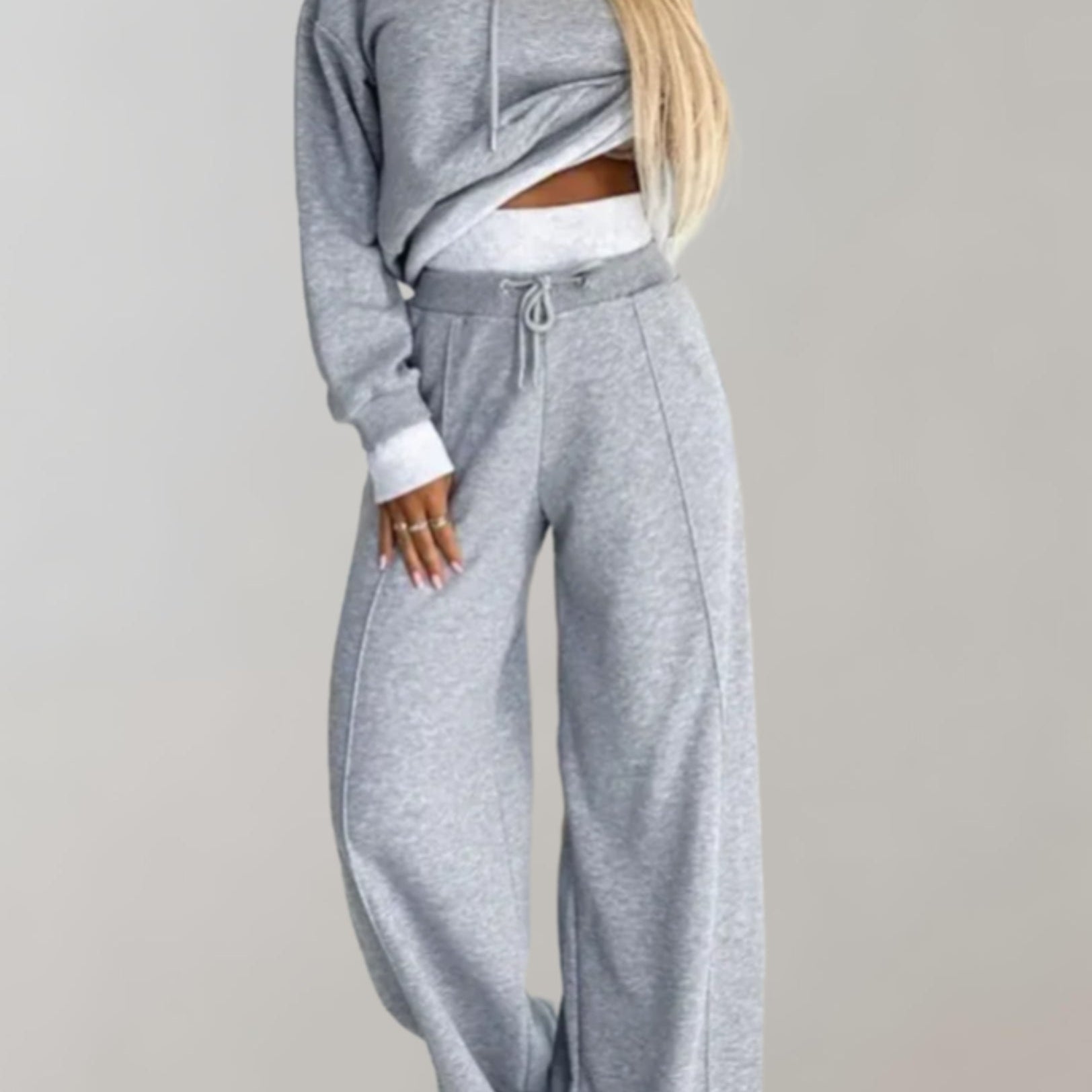 Cropped Hoodie and Wide-Leg Pants Set with Drawstring