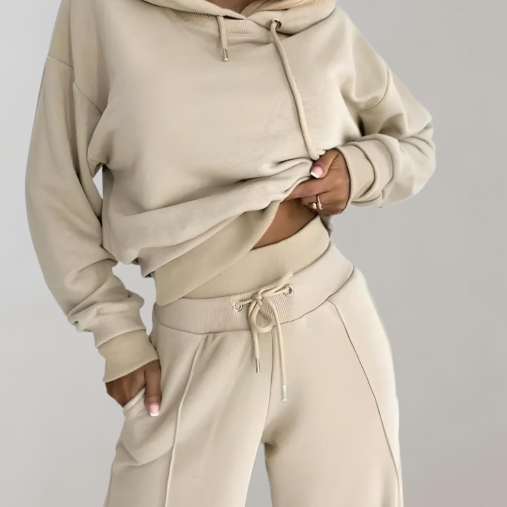 Cropped Hoodie and Wide-Leg Pants Set with Drawstring