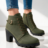 Lace-Up Ankle Boots with Block Heel and Buckle Strap
