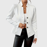 Fitted Knit Blazer with Stand Collar and Button Front