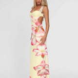 Floral Print Maxi Dress with Sweetheart Neckline and Lace Strap