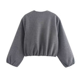 Women's Cropped Jacket with Round Neck Zip Front and Balloon Sleeves
