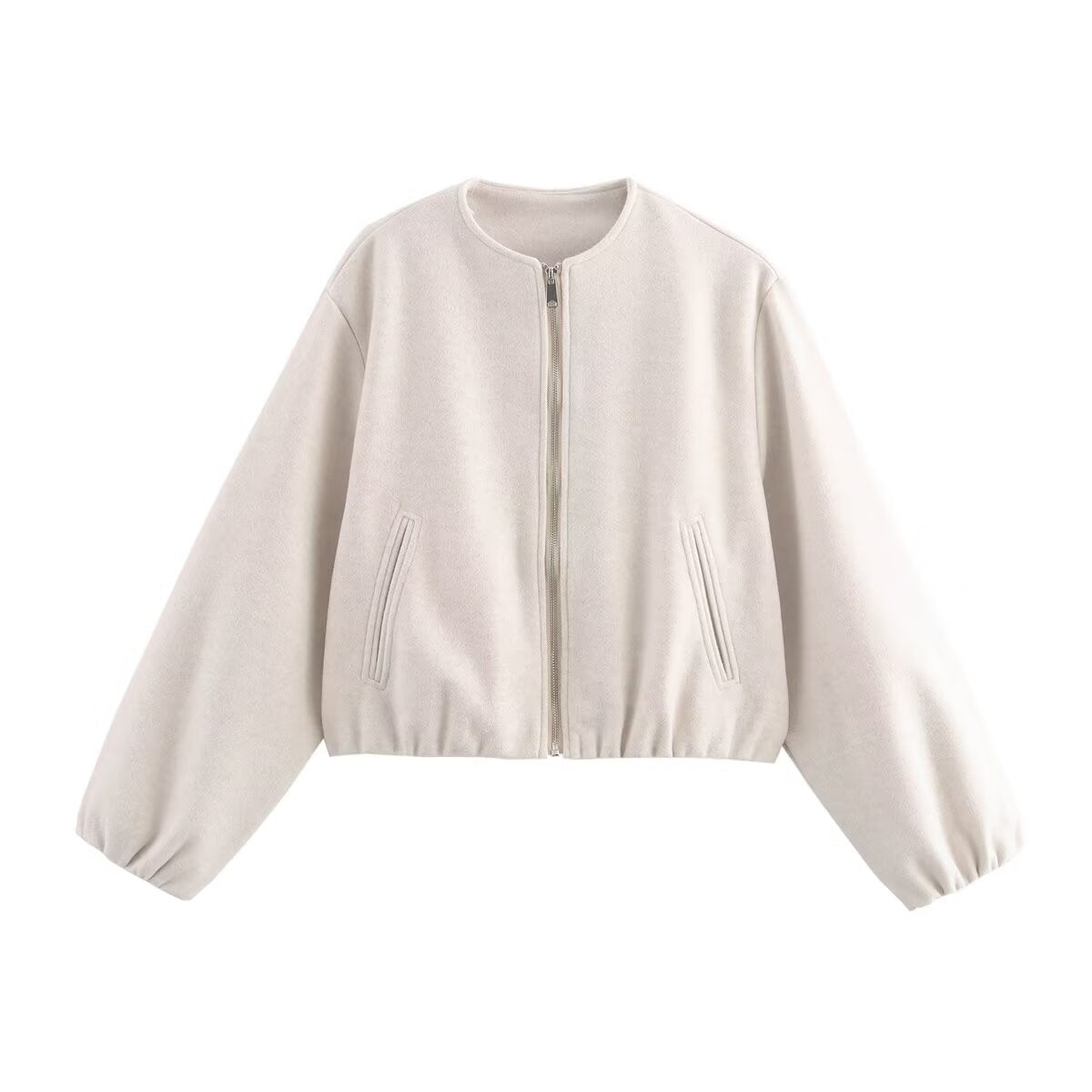 Women's Cropped Jacket with Round Neck Zip Front and Balloon Sleeves