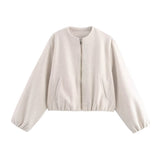 Women's Cropped Jacket with Round Neck Zip Front and Balloon Sleeves