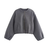Women's Cropped Jacket with Round Neck Zip Front and Balloon Sleeves