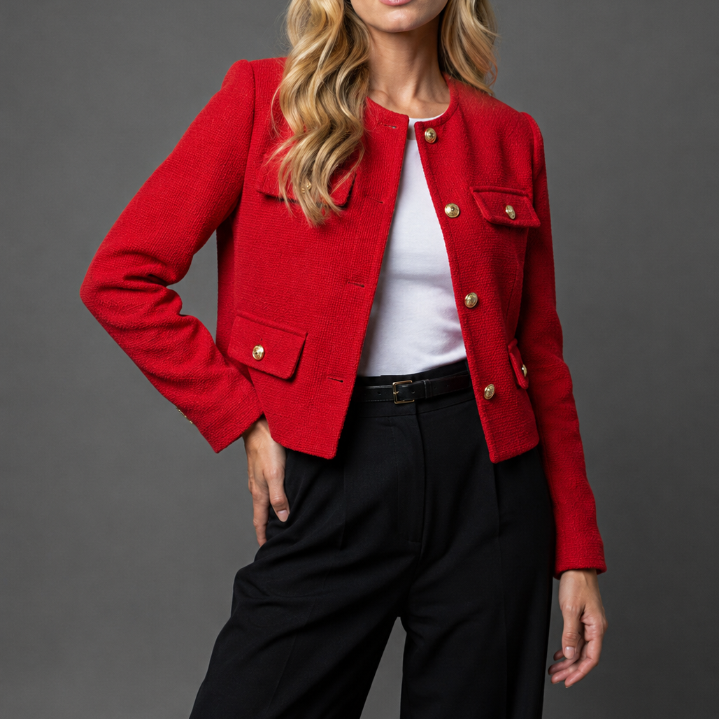 Women's Blazer Jacket with Round Neck and Textured Finish for Office Wear
