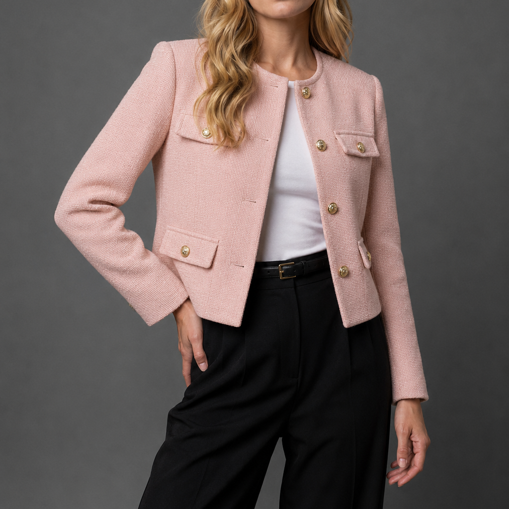 Women's Blazer Jacket with Round Neck and Textured Finish for Office Wear