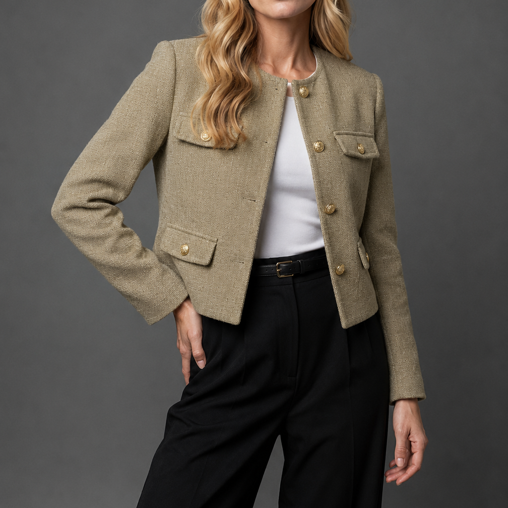 Women's Blazer Jacket with Round Neck and Textured Finish for Office Wear