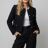 Women's Blazer Jacket with Round Neck and Textured Finish for Office Wear