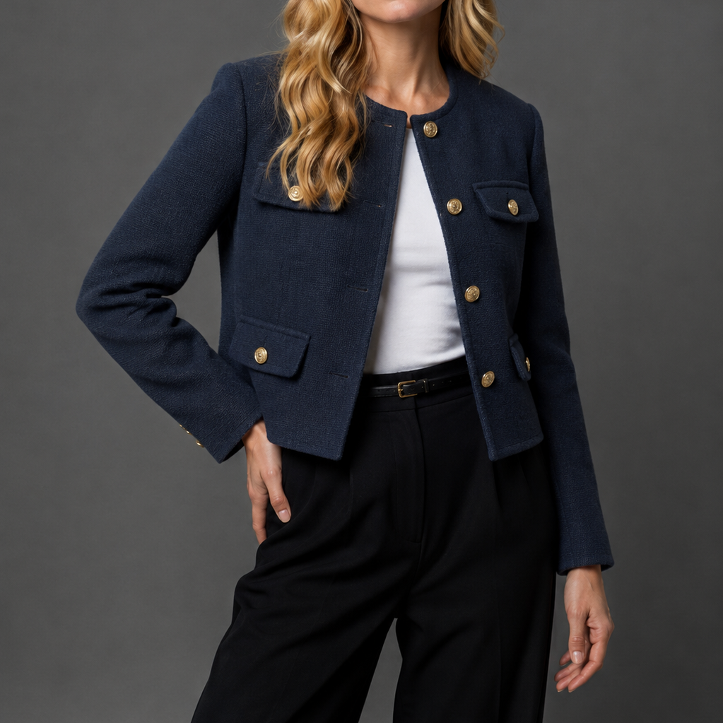 Women's Blazer Jacket with Round Neck and Textured Finish for Office Wear