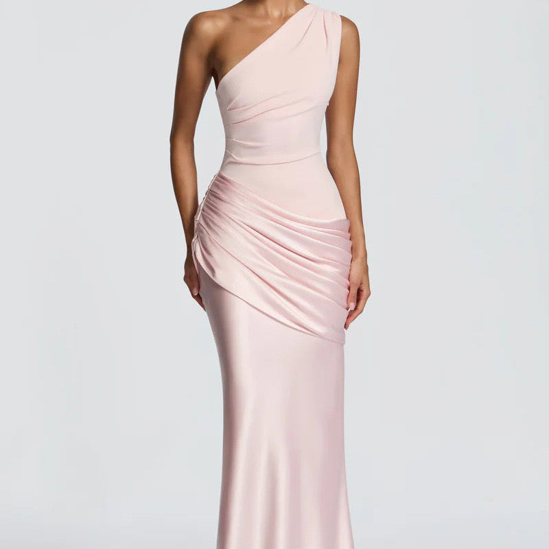 Off-Shoulder Satin Mermaid Maxi Dress with Draped Skirt