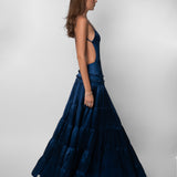 Satin V-Neck Maxi Dress with Cutout Waist and Tiered Skirt