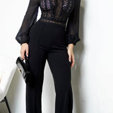Crochet Lace Jumpsuit with Mock Neck and Wide Leg