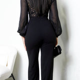 Crochet Lace Jumpsuit with Mock Neck and Wide Leg