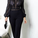 Crochet Lace Jumpsuit with Mock Neck and Wide Leg
