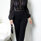 Crochet Lace Jumpsuit with Mock Neck and Wide Leg