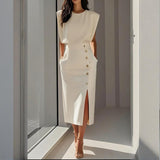 Tailored Midi Dress with Button Detail and Side Slit