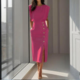 Tailored Midi Dress with Button Detail and Side Slit