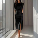 Tailored Midi Dress with Button Detail and Side Slit