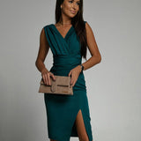 Wrap V-Neck Bodycon Midi Dress Women Ruched Slit Evening Party Dress