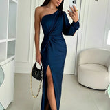 Ruched Satin Maxi Dress with One-Shoulder Neckline and Side Slit