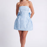 Strapless Jacquard Mini Dress with Bow Back