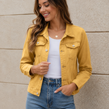 Cropped Button Front Denim Jacket with Flap Pockets