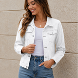 Cropped Button Front Denim Jacket with Flap Pockets