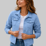 Cropped Button Front Denim Jacket with Flap Pockets